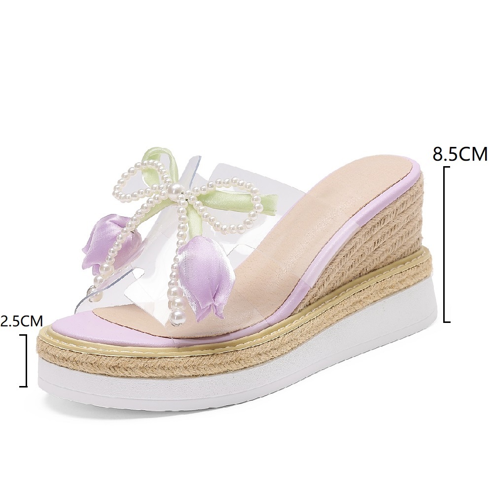 Women's Summer Espadrille Wedge Sandals Pearl Bow Fairy Flowers 8.5 CM Platform Clear Strap Slip-On Beach Vacation Casual Shoes 60622