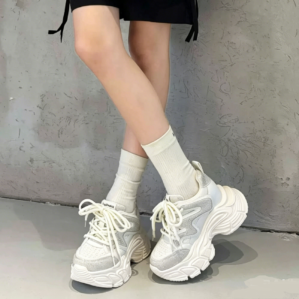 Women's Genuine Leather Lace-Up Slim Fit Platform 12 CM Chunky Height Increasing Casual Fashion Crystals Shoes Spring Summer 60622