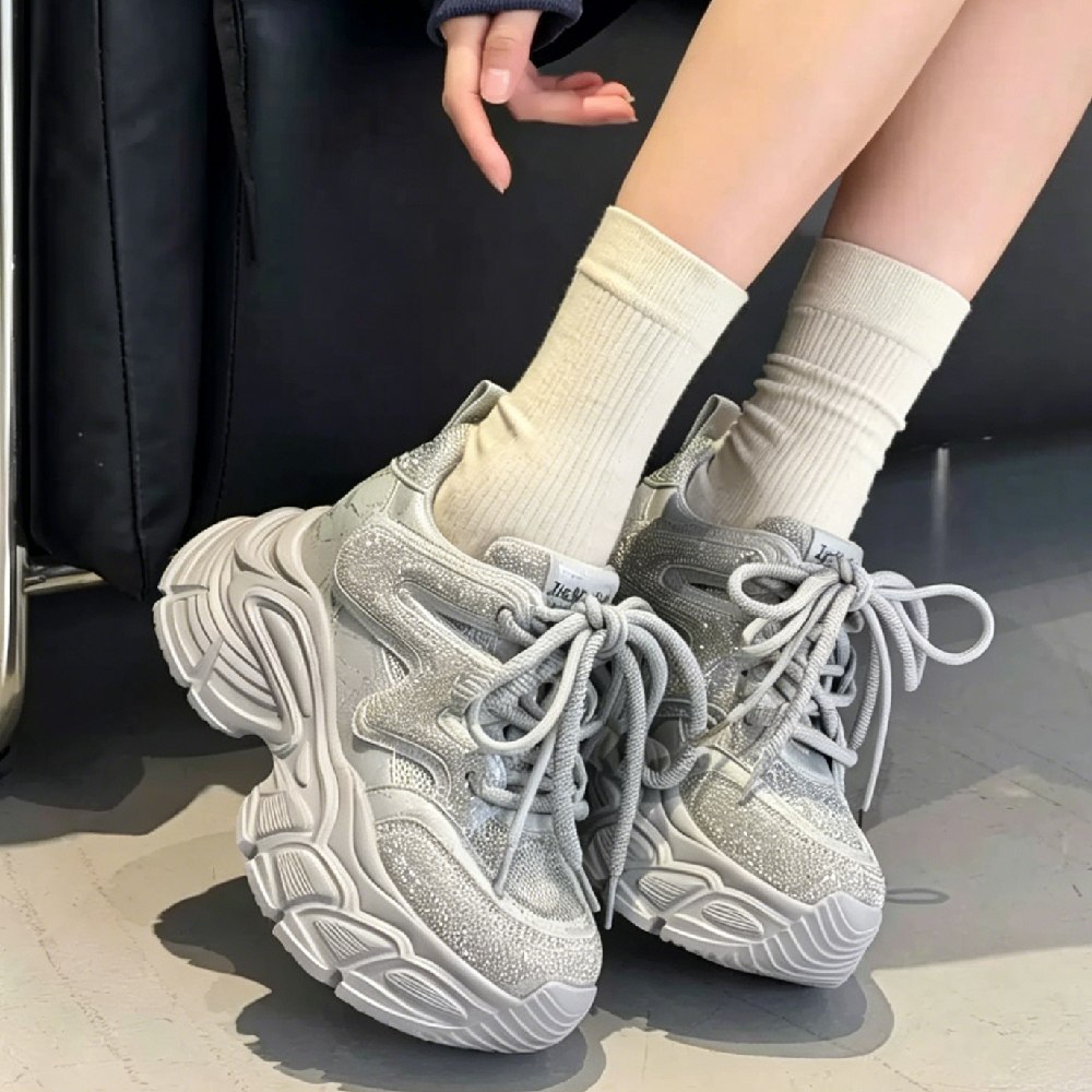 Women's Genuine Leather Lace-Up Slim Fit Platform 12 CM Chunky Height Increasing Casual Fashion Crystals Shoes Spring Summer 60622