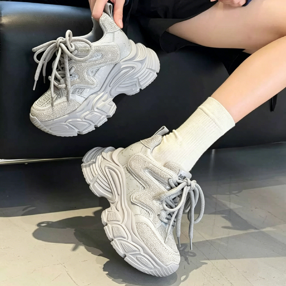 Women's Genuine Leather Lace-Up Slim Fit Platform 12 CM Chunky Height Increasing Casual Fashion Crystals Shoes Spring Summer 60622
