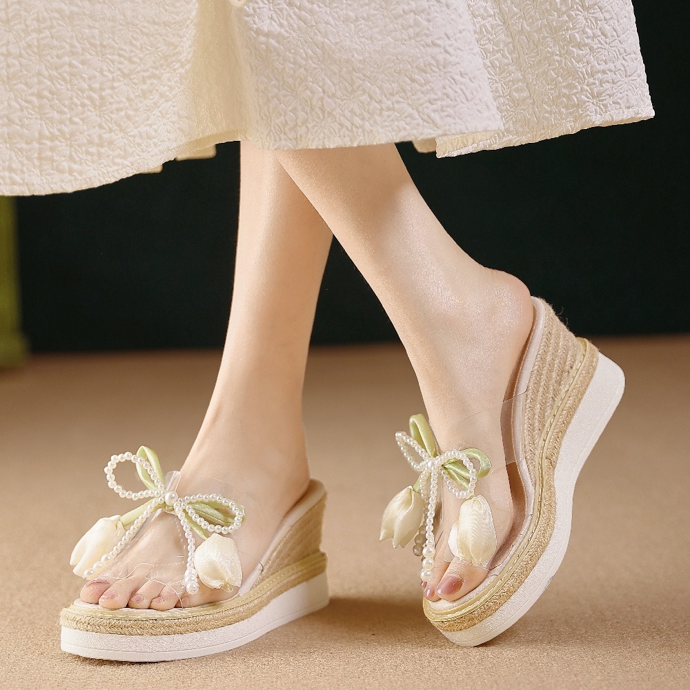 Women's Summer Espadrille Wedge Sandals Pearl Bow Fairy Flowers 8.5 CM Platform Clear Strap Slip-On Beach Vacation Casual Shoes 60622