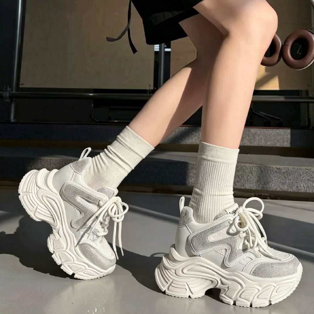 Women's Genuine Leather Lace-Up Slim Fit Platform 12 CM Chunky Height Increasing Casual Fashion Crystals Shoes Spring Summer 60622