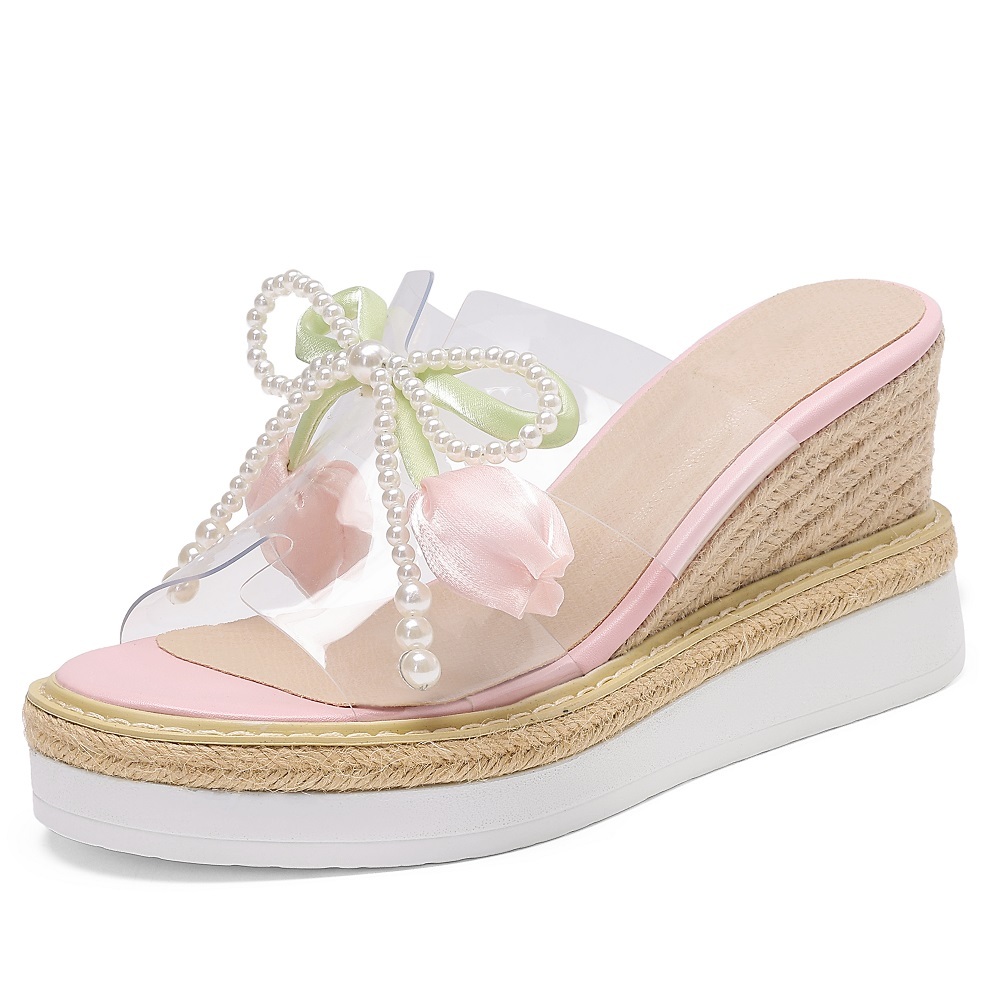 Women's Summer Espadrille Wedge Sandals Pearl Bow Fairy Flowers 8.5 CM Platform Clear Strap Slip-On Beach Vacation Casual Shoes 60622
