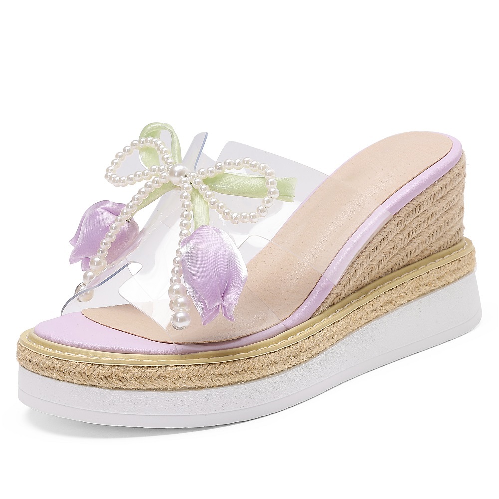 Women's Summer Espadrille Wedge Sandals Pearl Bow Fairy Flowers 8.5 CM Platform Clear Strap Slip-On Beach Vacation Casual Shoes 60622