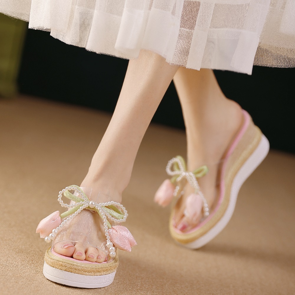 Women's Summer Espadrille Wedge Sandals Pearl Bow Fairy Flowers 8.5 CM Platform Clear Strap Slip-On Beach Vacation Casual Shoes 60622