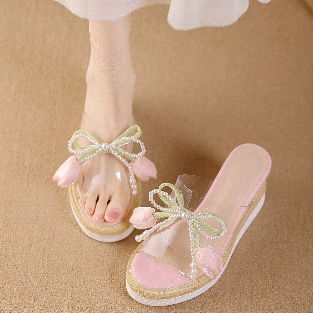 Women's Summer Espadrille Wedge Sandals Pearl Bow Fairy Flowers 8.5 CM Platform Clear Strap Slip-On Beach Vacation Casual Shoes 60622
