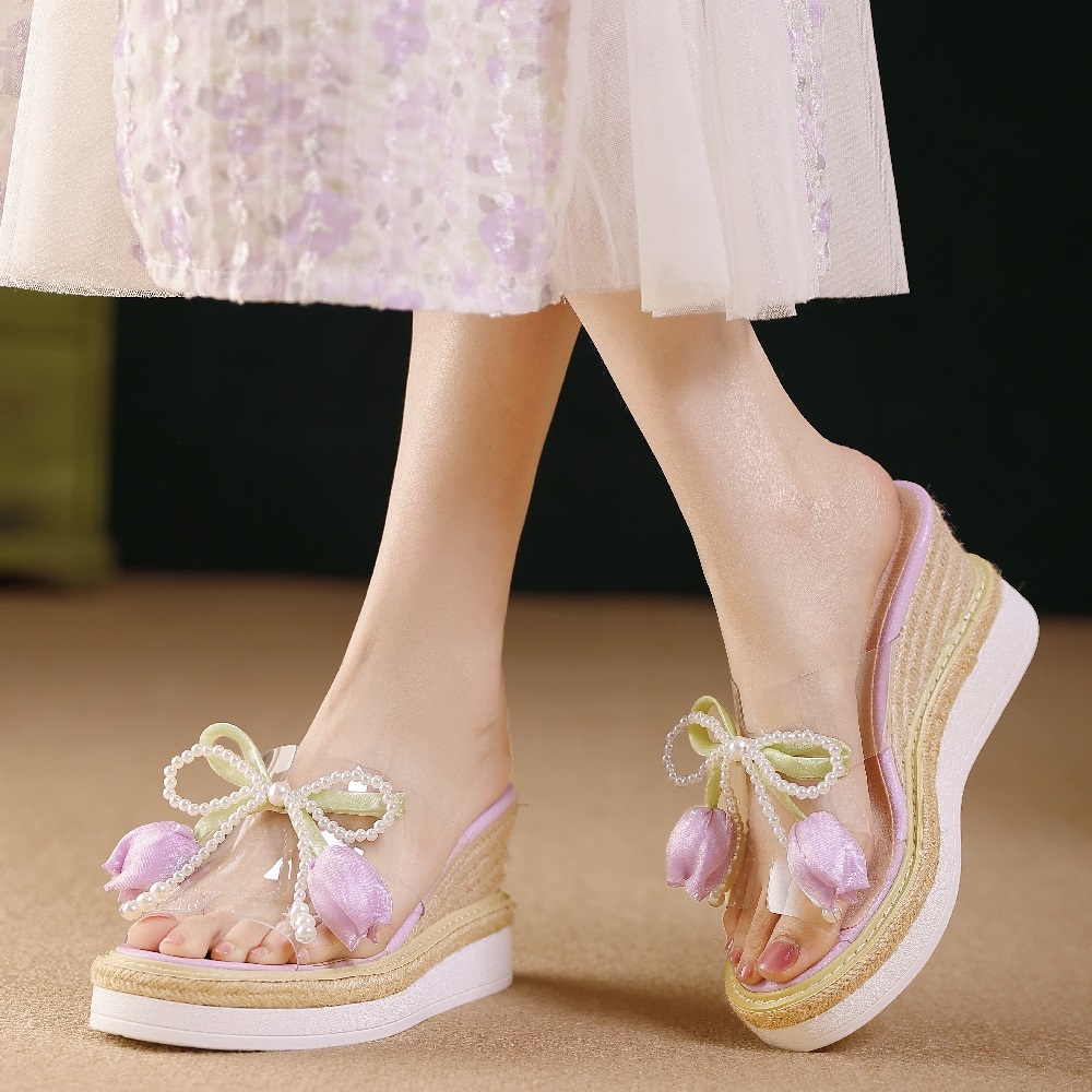 Women's Summer Espadrille Wedge Sandals Pearl Bow Fairy Flowers 8.5 CM Platform Clear Strap Slip-On Beach Vacation Casual Shoes 60622