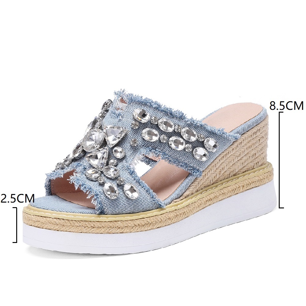 Women Summer Casual Slide Sandals 8.5 CM Wedge Heel Denim Cut Out Crystals Peep Toe Platform Espresso Straw Sole Slippers 60623