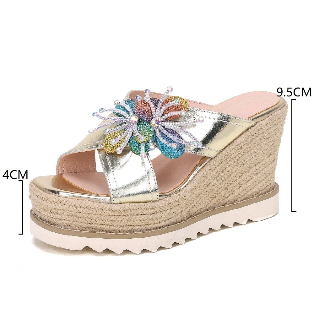 Women Summer Genuine Leather Slide Sandals 9.5 CM Wedge Heel Platform Color Crystals Straw Woven Open Toe Fashion Slippers 60623 60623