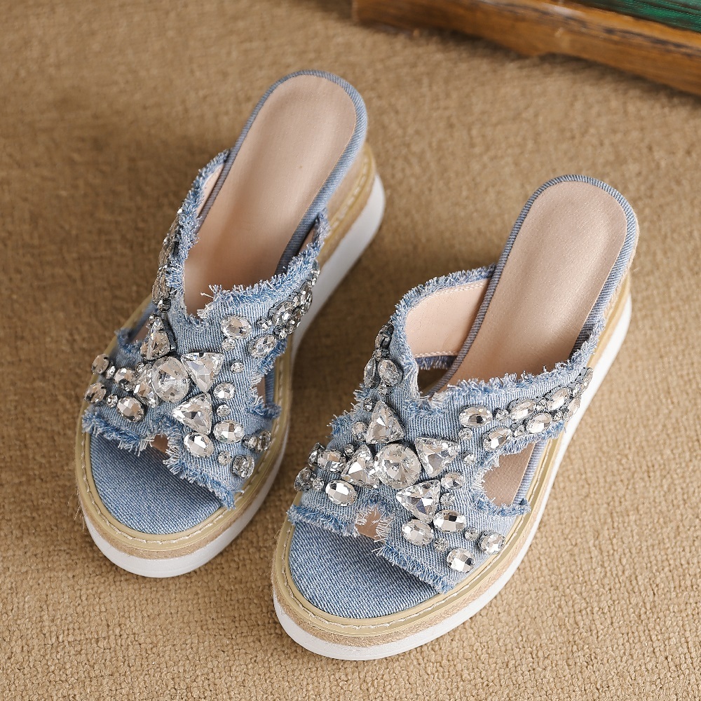 Women Summer Casual Slide Sandals 8.5 CM Wedge Heel Denim Cut Out Crystals Peep Toe Platform Espresso Straw Sole Slippers 60623