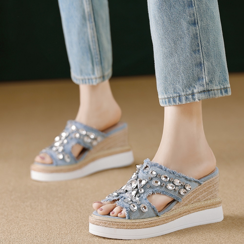 Women Summer Casual Slide Sandals 8.5 CM Wedge Heel Denim Cut Out Crystals Peep Toe Platform Espresso Straw Sole Slippers 60623