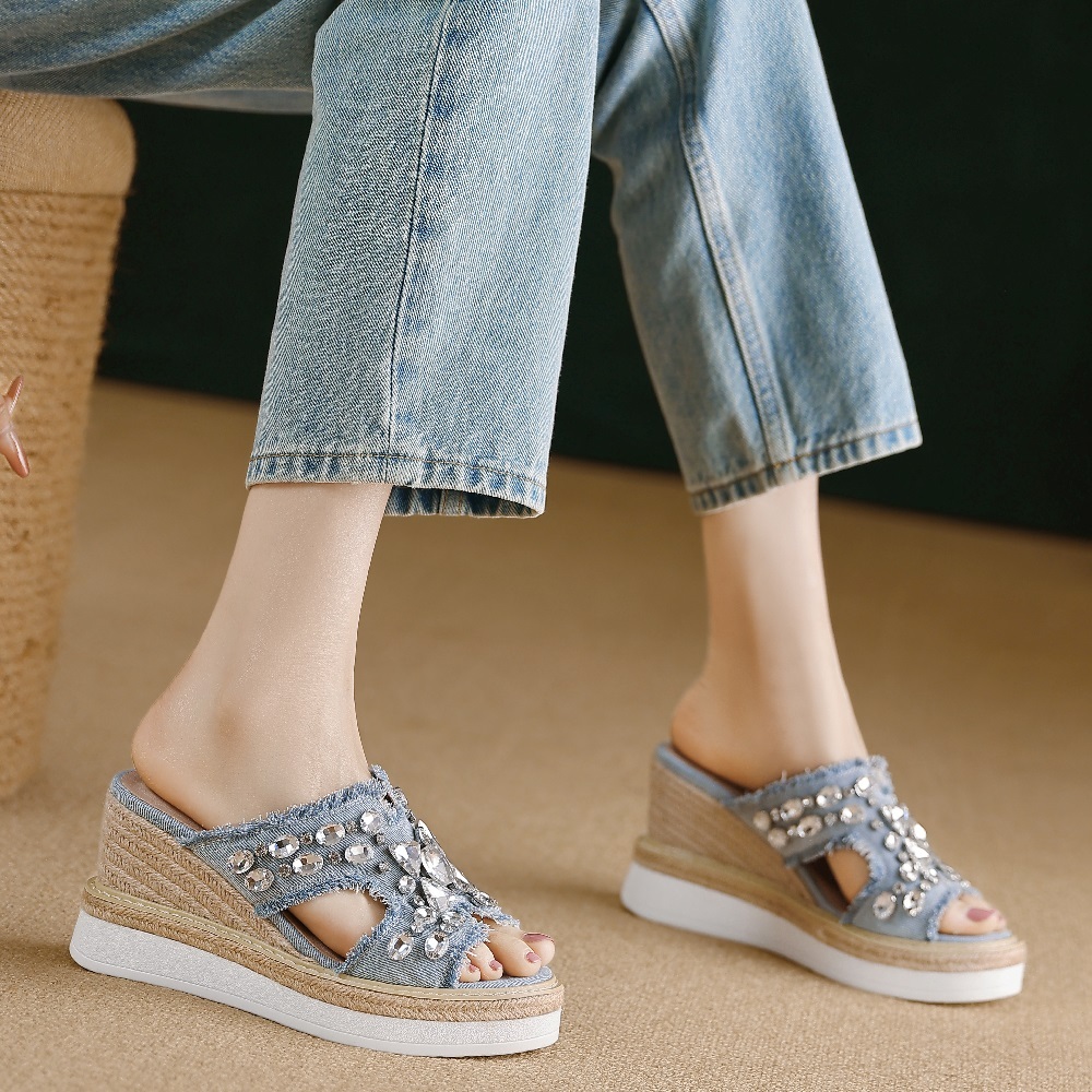 Women Summer Casual Slide Sandals 8.5 CM Wedge Heel Denim Cut Out Crystals Peep Toe Platform Espresso Straw Sole Slippers 60623