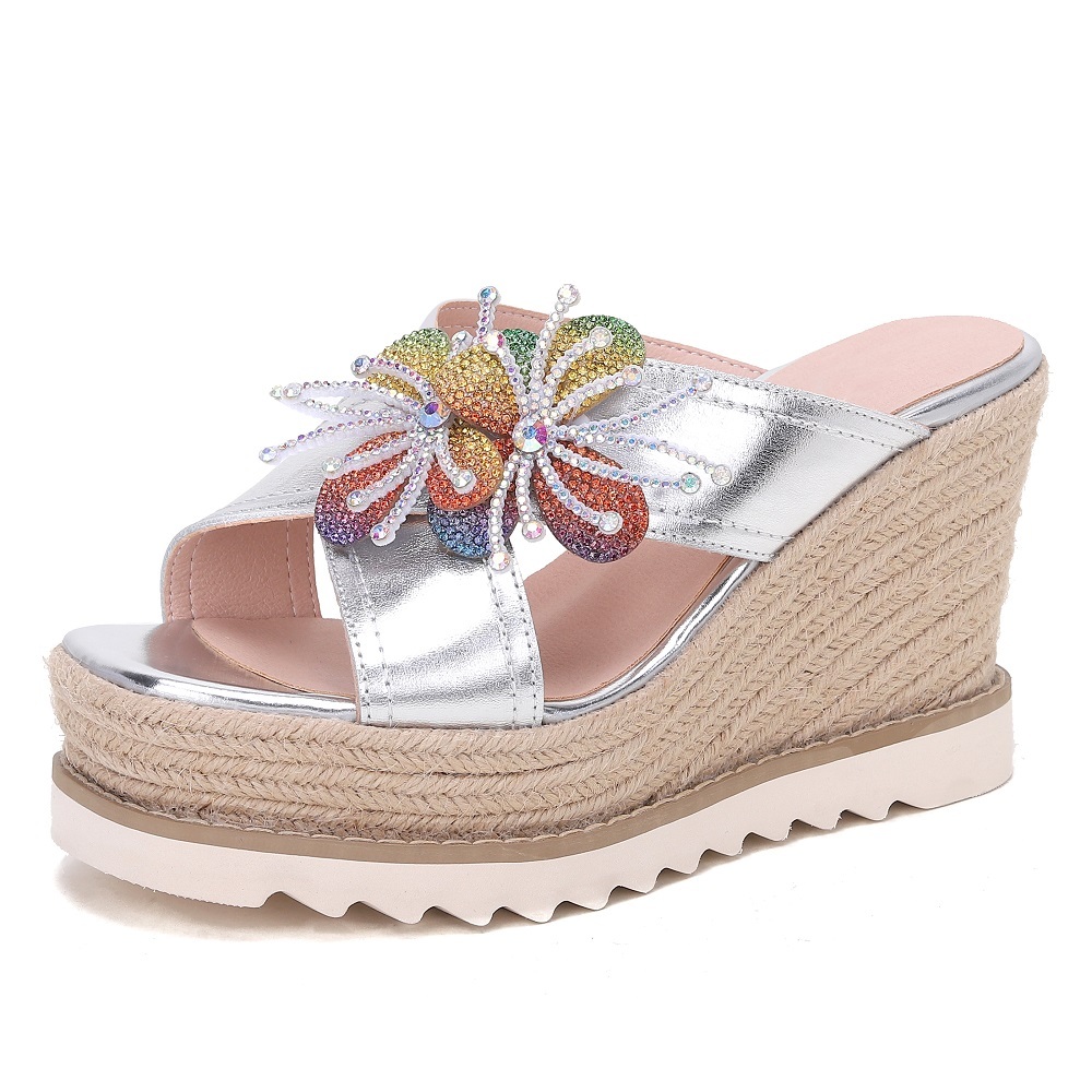 Women Summer Genuine Leather Slide Sandals 9.5 CM Wedge Heel Platform Color Crystals Straw Woven Open Toe Fashion Slippers 60623 60623