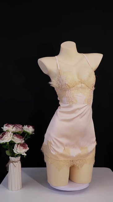 Sultry and seductive pajamas, revealing breasts, alluring and provocative, slightly plump, passionate lace camisole nightgown