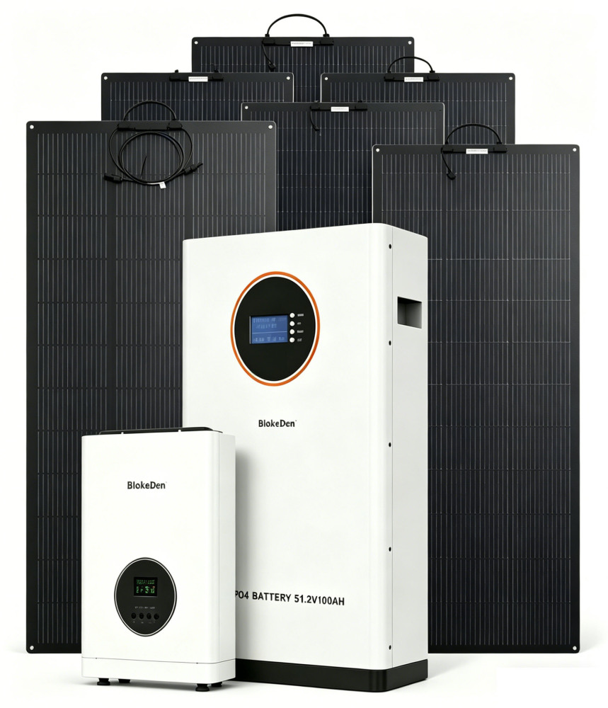 Off-Grid Shed Solar Kit | ETFE Flexible Solar Panels + All‑in‑One Inverter Controller + Battery Storage | DIY Power for Workshop Man Cave Farm Cabin