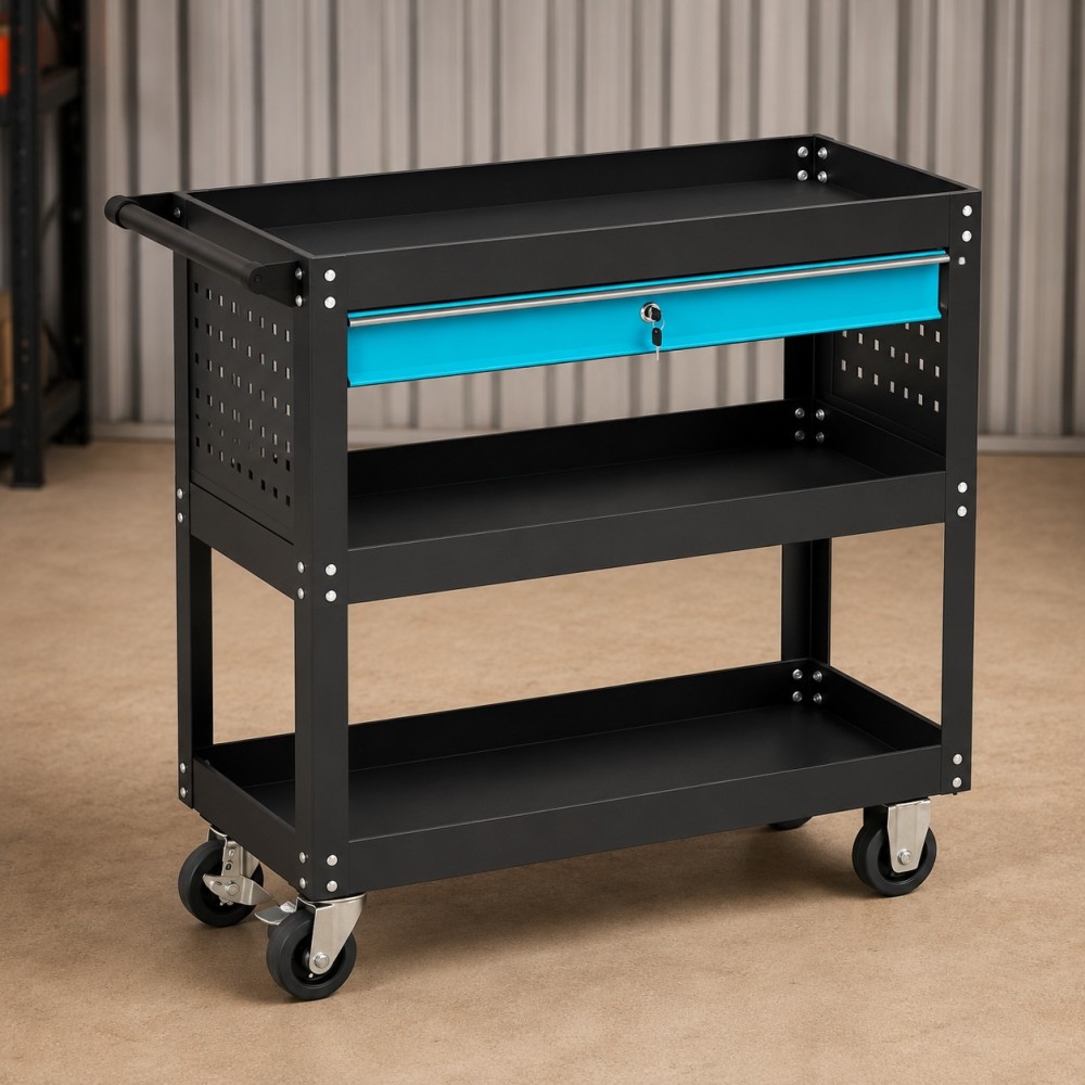 3-Tier Utility Tool Cart with Drawer & Lock - Heavy Duty Steel Rolling Tool Trolley with Pegboard, 3" Swivel Wheels, 900LBS Capacity for Garage, Workshop & Auto Repair