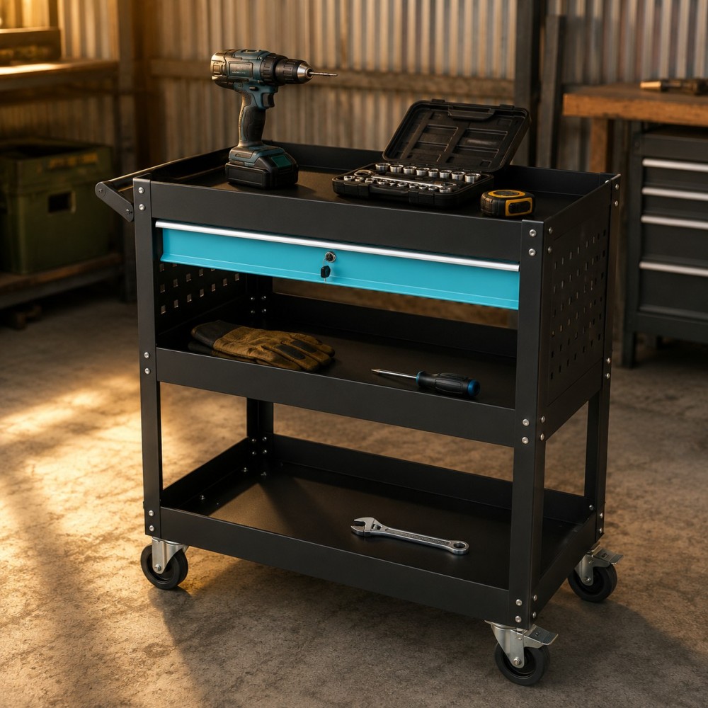 3-Tier Utility Tool Cart with Drawer & Lock - Heavy Duty Steel Rolling Tool Trolley with Pegboard, 3" Swivel Wheels, 900LBS Capacity for Garage, Workshop & Auto Repair