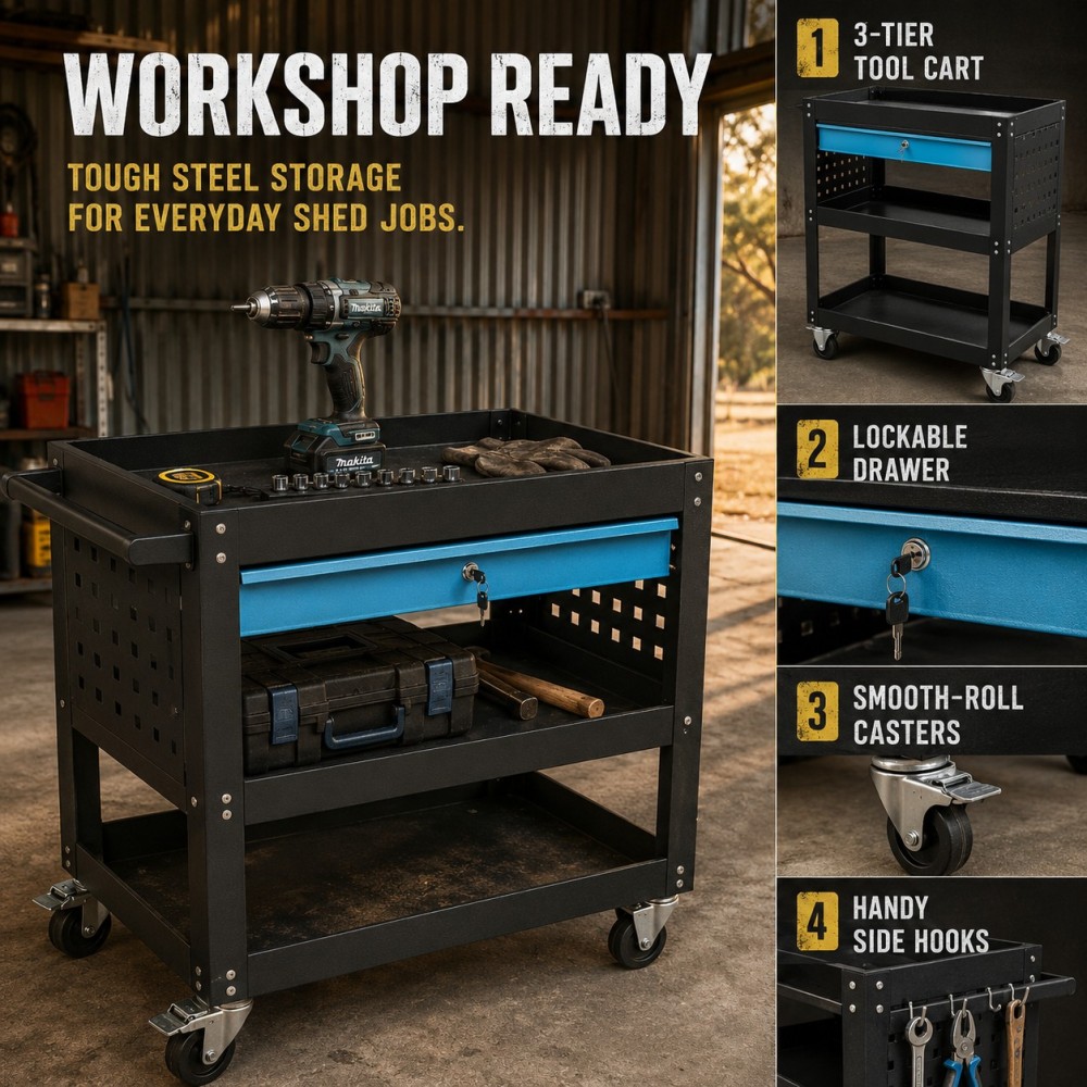 3-Tier Utility Tool Cart with Drawer & Lock - Heavy Duty Steel Rolling Tool Trolley with Pegboard, 3" Swivel Wheels, 900LBS Capacity for Garage, Workshop & Auto Repair