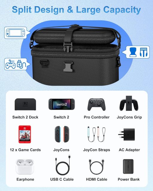 All-in-One Carrying Case for Nintendo Switch 2, Dual-Layer Hard Shell Travel Bag for Console, Dock, Controllers & Accessories