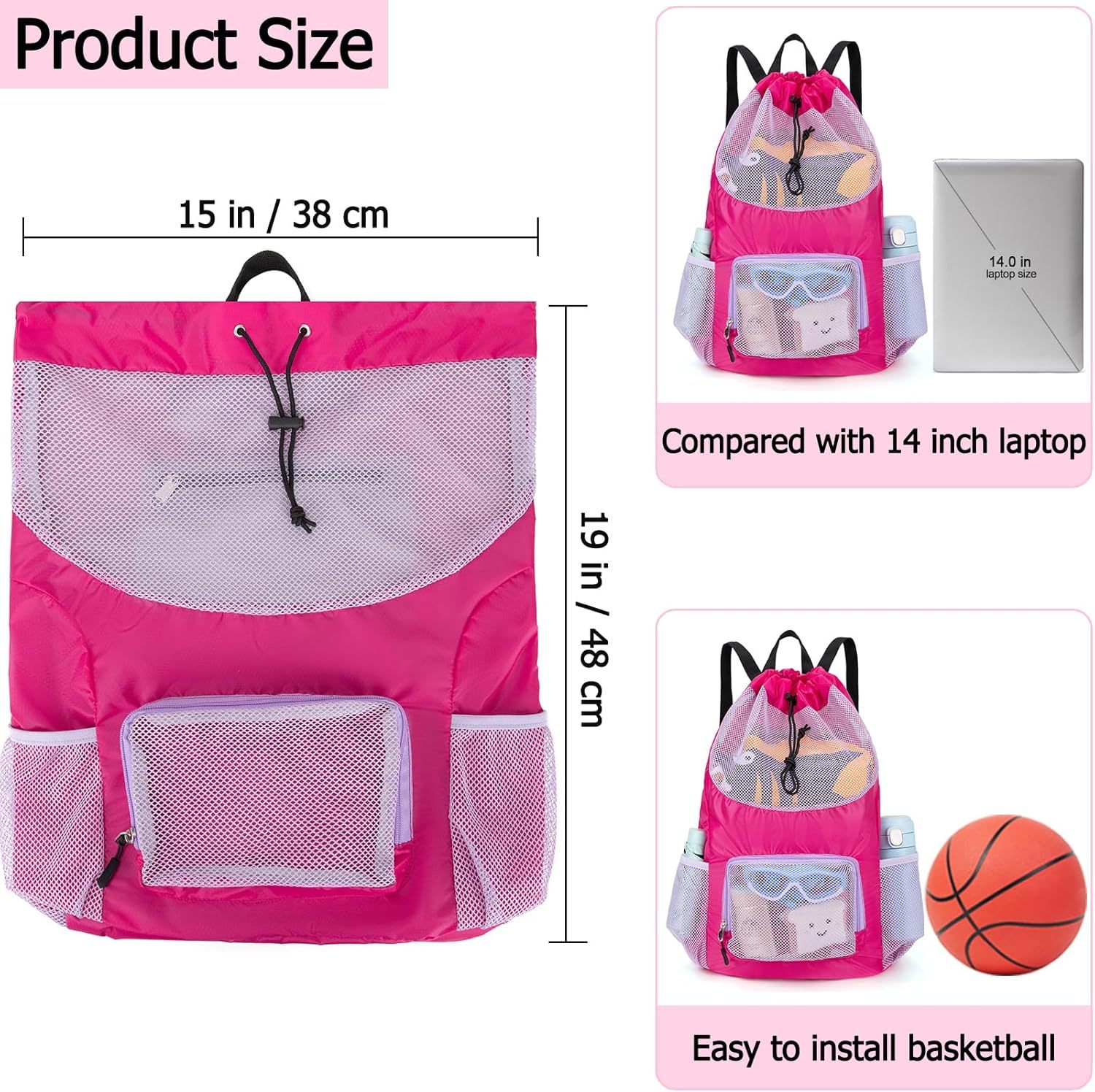 Swim Bag for Kids Mesh Beach Backpack for Boys/ Lightweight Drawstring Beach Bag Swimming Pool/ Sports Gym String Bag