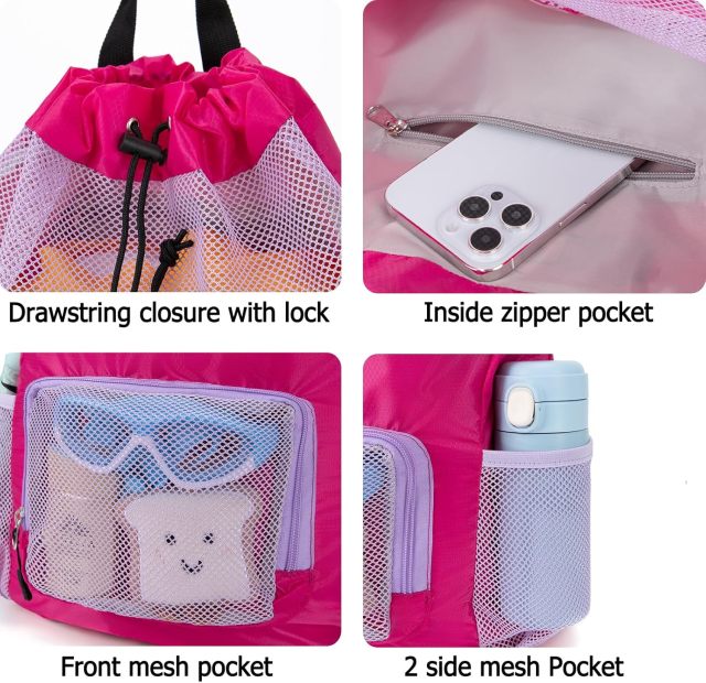 Swim Bag for Kids Mesh Beach Backpack for Boys/ Lightweight Drawstring Beach Bag Swimming Pool/ Sports Gym String Bag