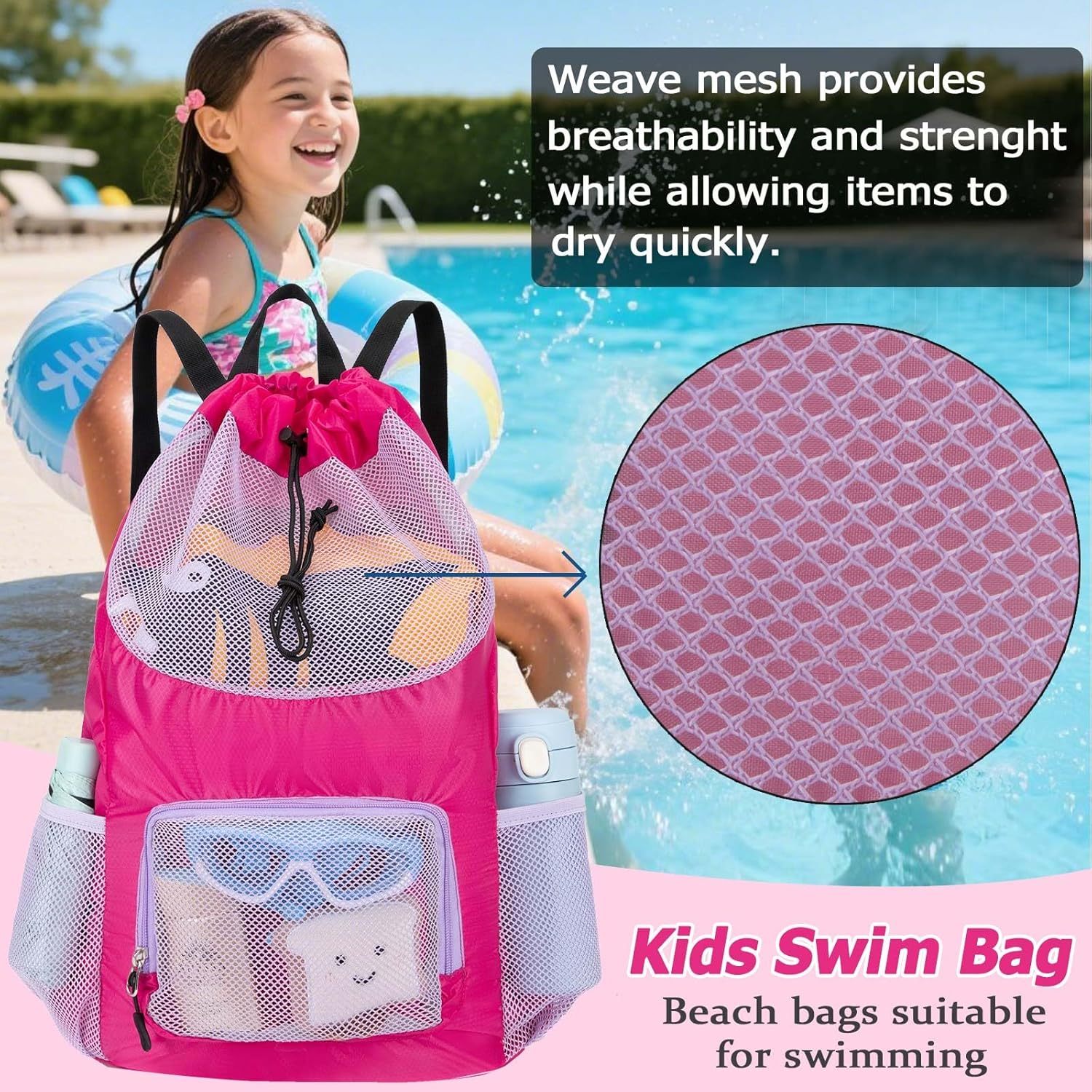 Swim Bag for Kids Mesh Beach Backpack for Boys/ Lightweight Drawstring Beach Bag Swimming Pool/ Sports Gym String Bag