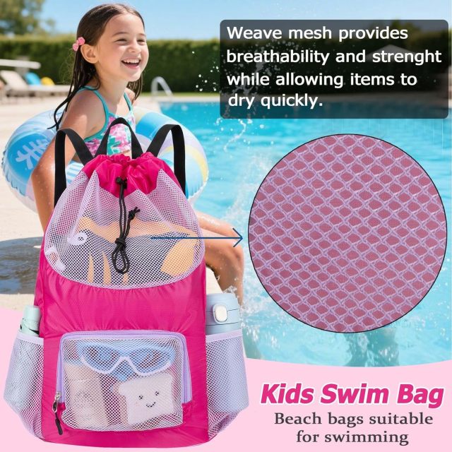 Swim Bag for Kids Mesh Beach Backpack for Boys/ Lightweight Drawstring Beach Bag Swimming Pool/ Sports Gym String Bag
