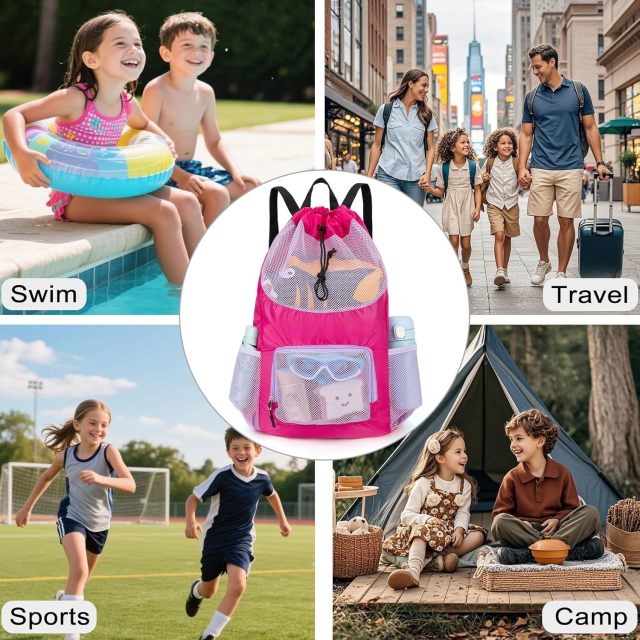 Swim Bag for Kids Mesh Beach Backpack for Boys/ Lightweight Drawstring Beach Bag Swimming Pool/ Sports Gym String Bag