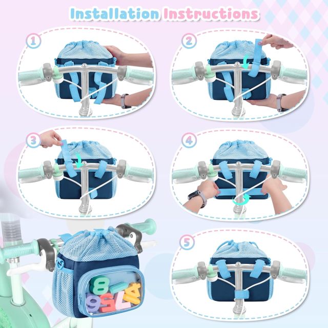 Kids Bike Basket Front with Drawstring Top, Child Scooter Basket Bag with Detachable and Adjustable Shoulder Strap