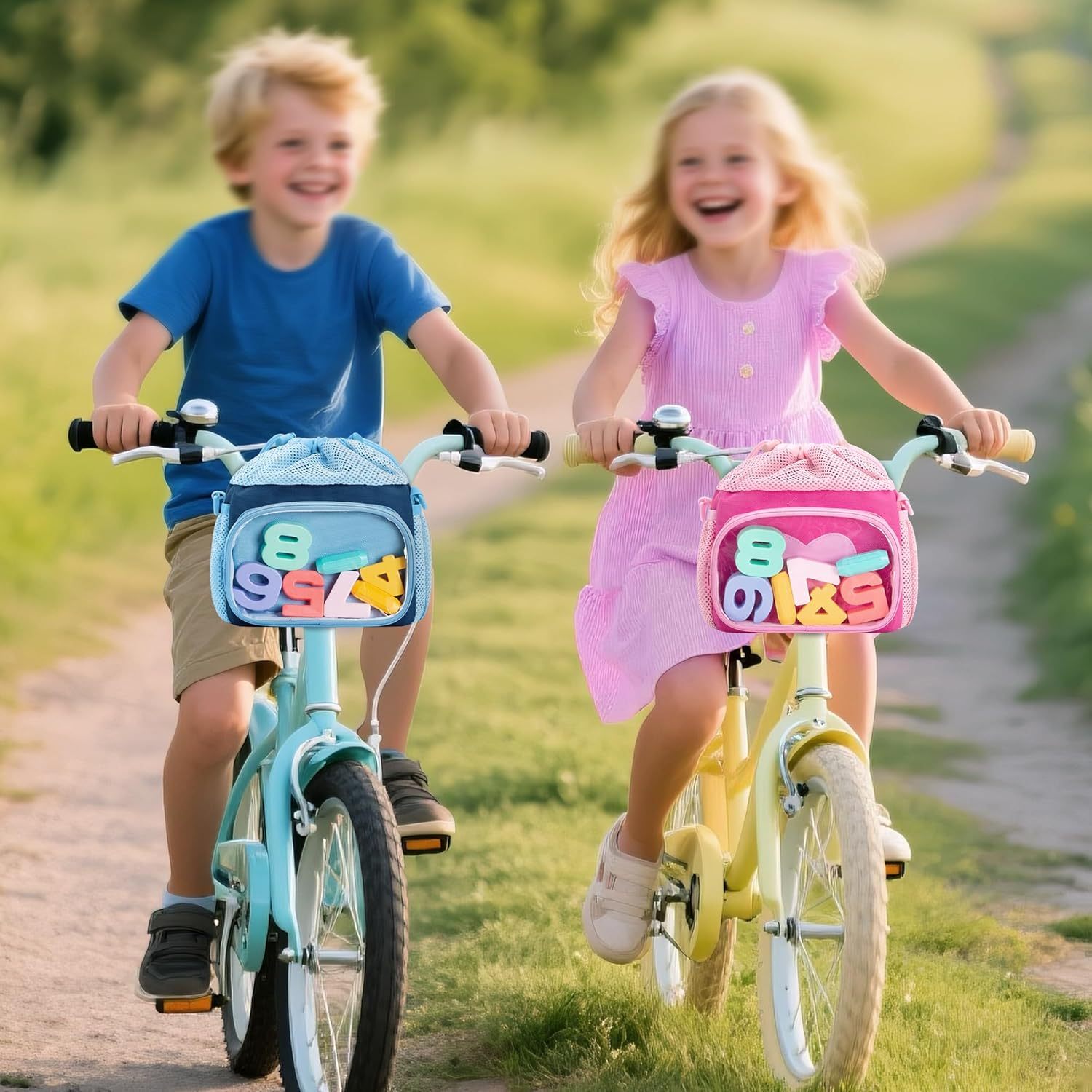Kids Bike Basket Front with Drawstring Top, Child Scooter Basket Bag with Detachable and Adjustable Shoulder Strap