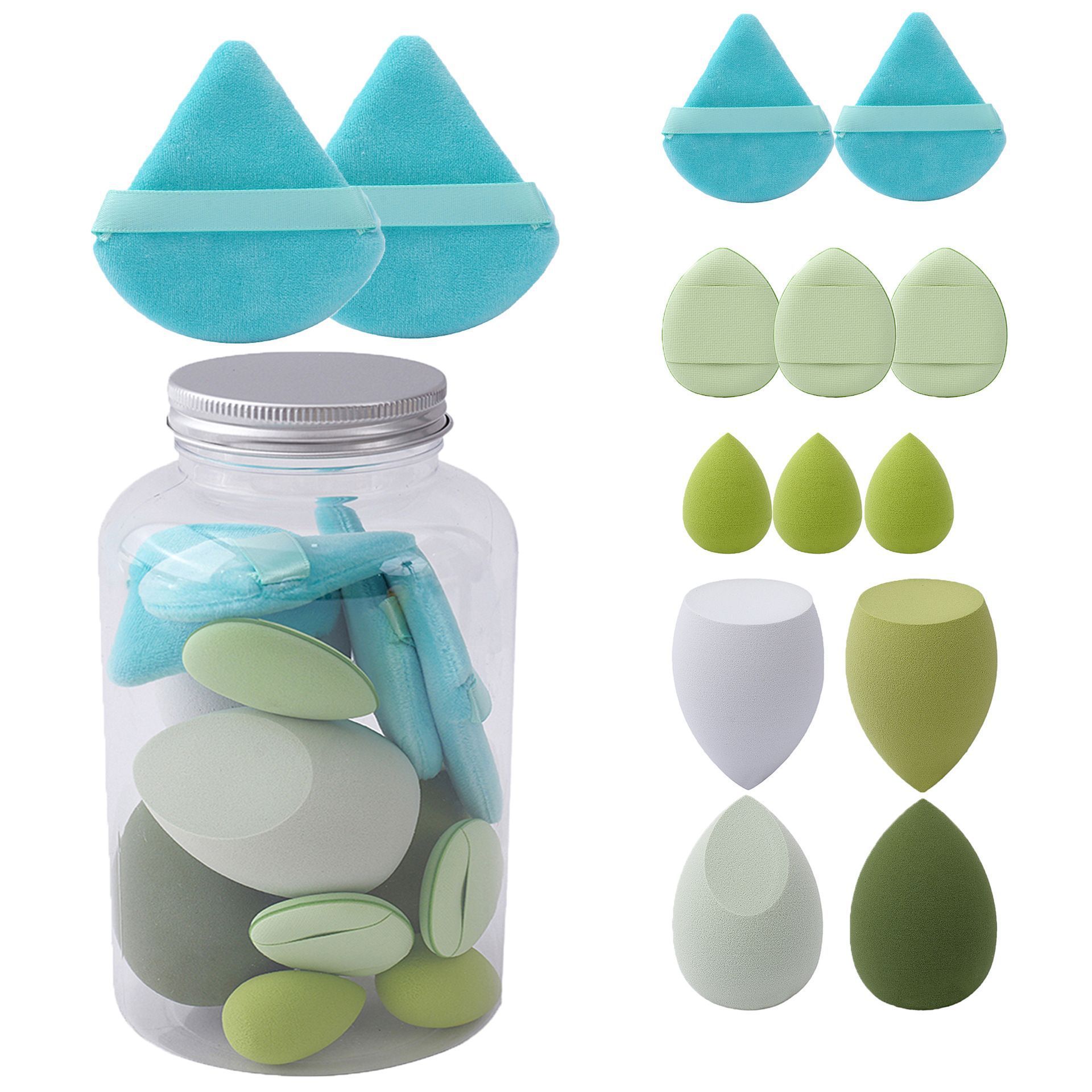 14Pcs Hydrophilic Polyurethane Beauty Sponge Powder Puff Jar Set，Jiuheng Cosmetic,jiuhengcosmetic
