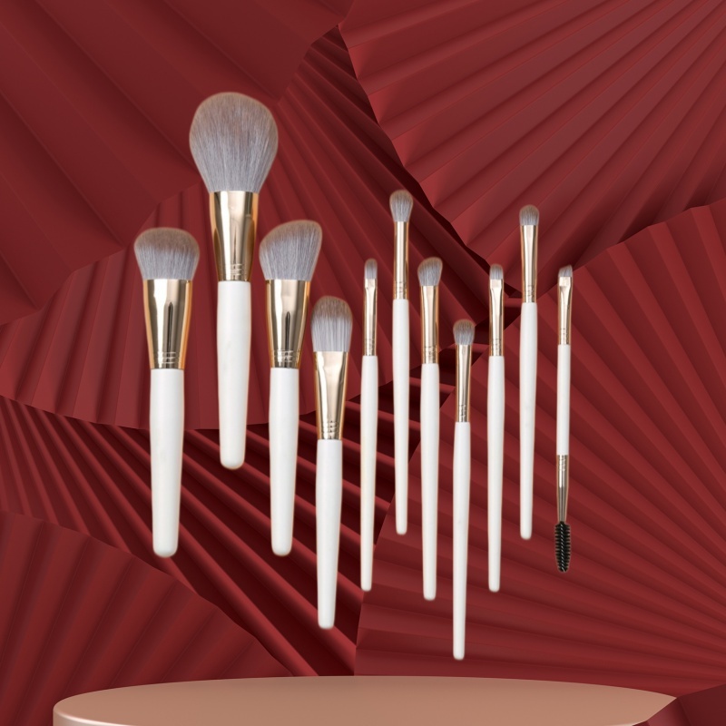 11Pcs Birch Handle Makeup Brush Set with Silver Aluminum Ferrule，Jiuheng Cosmetic,jiuhengcosmetic