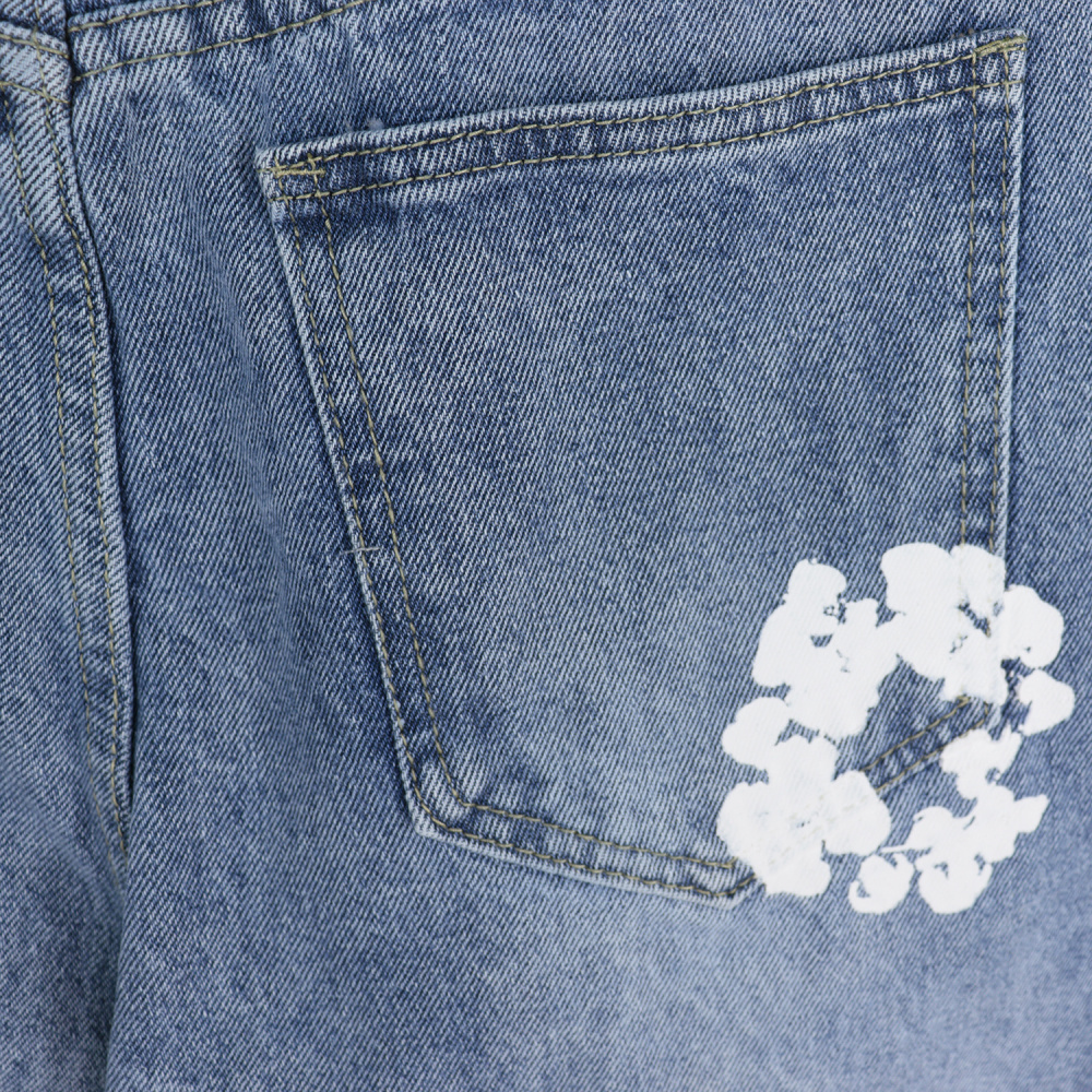 Denim Tears Kapok Flower Denim Shorts | In-Stock White Wreath Print Unisex Streetwear Casual Shorts