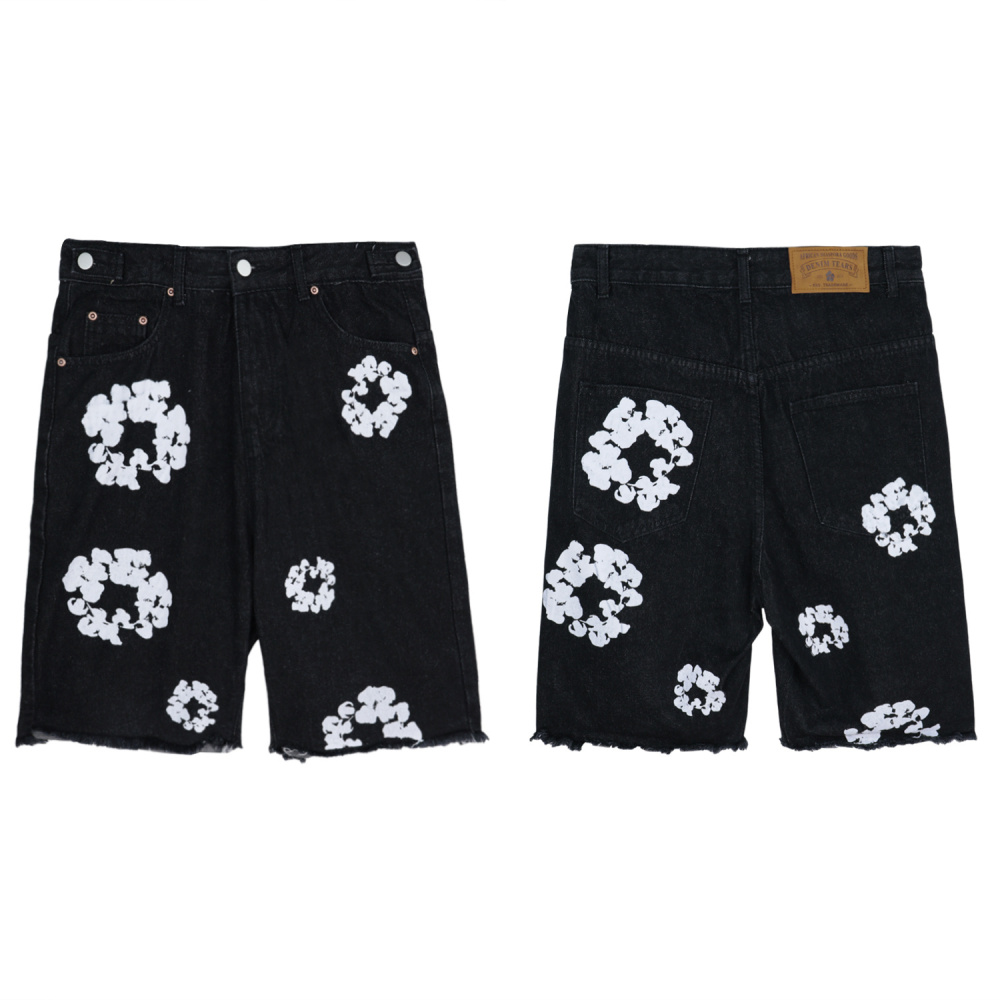 Denim Tears Kapok Flower Denim Shorts | In-Stock White Wreath Print Unisex Streetwear Casual Shorts