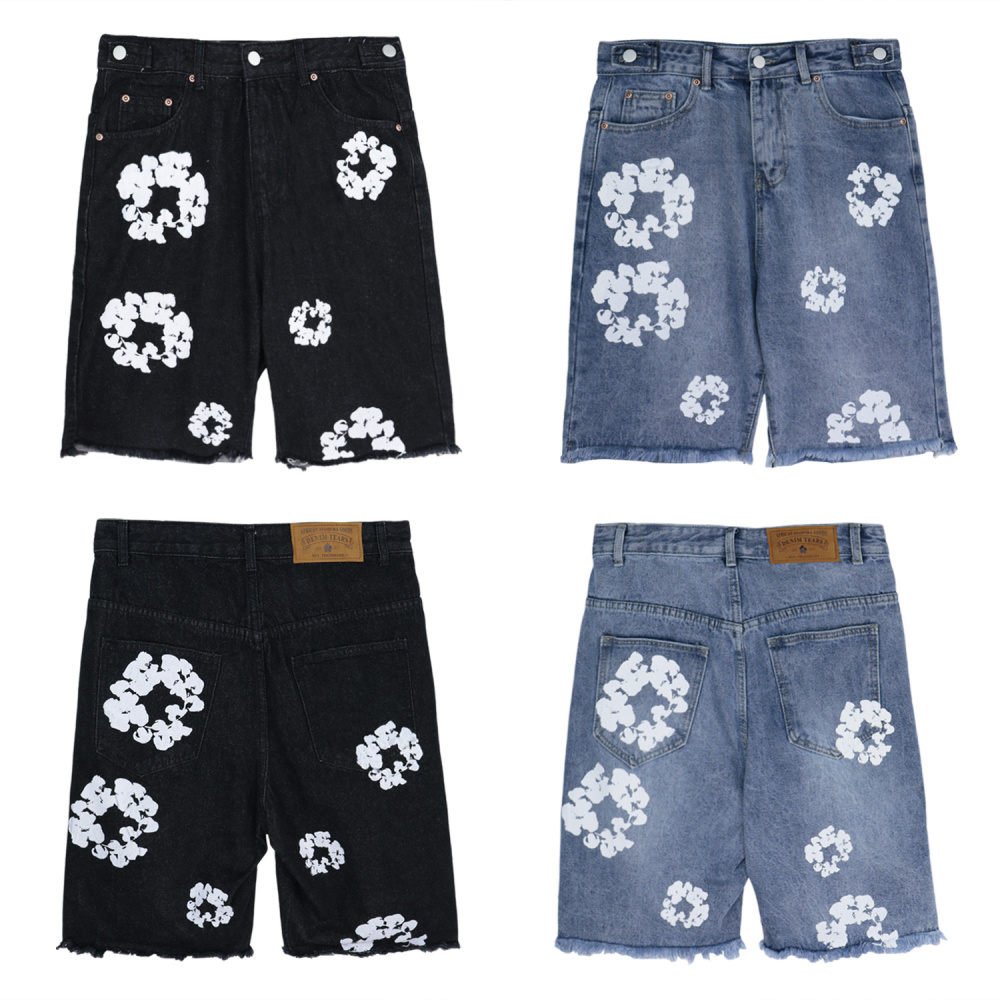 Denim Tears Kapok Flower Denim Shorts | In-Stock White Wreath Print Unisex Streetwear Casual Shorts