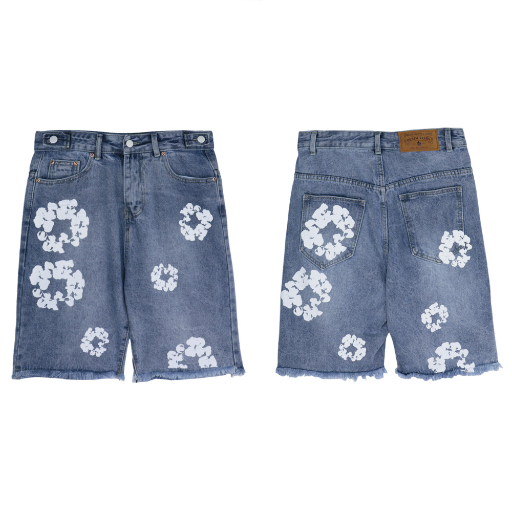 Denim Tears Kapok Flower Denim Shorts | In-Stock White Wreath Print Unisex Streetwear Casual Shorts