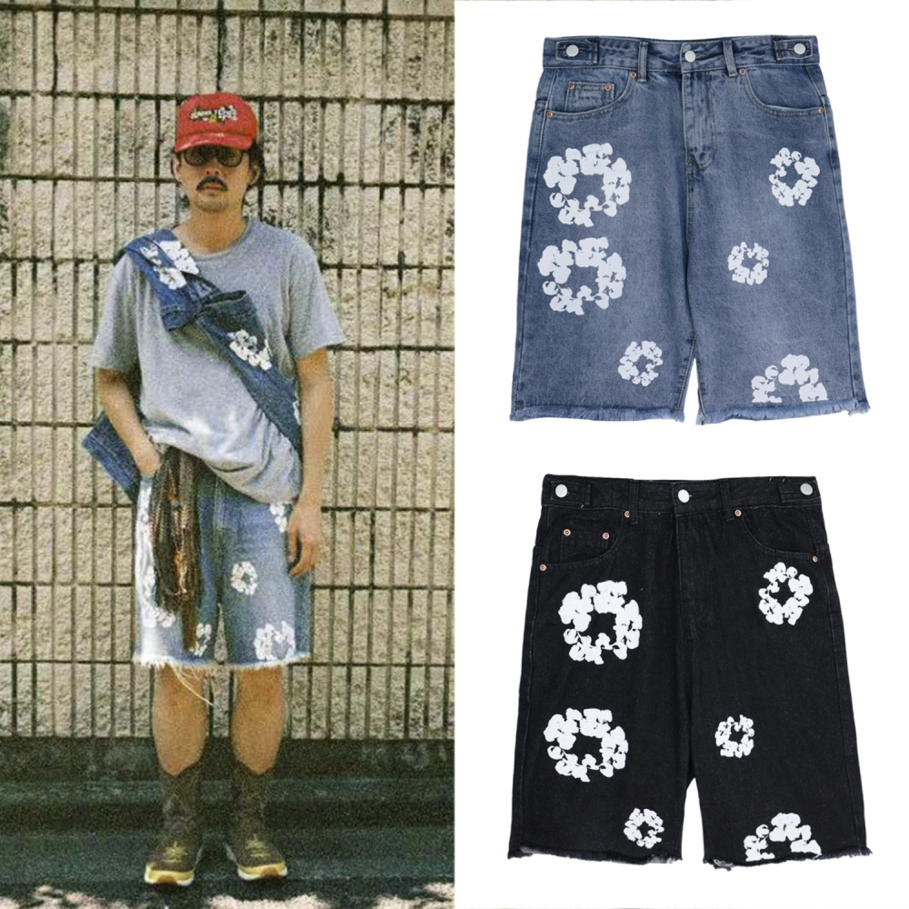 Denim Tears Kapok Flower Denim Shorts | In-Stock White Wreath Print Unisex Streetwear Casual Shorts