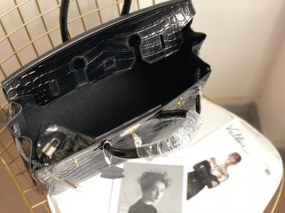 Women's Crocodile Embossed Top Handle Handbag, Black Genuine Top Layer Leather Birkin Style Satchel, Luxury Designer Tote Bag with Gold Hardware for Work & Travel