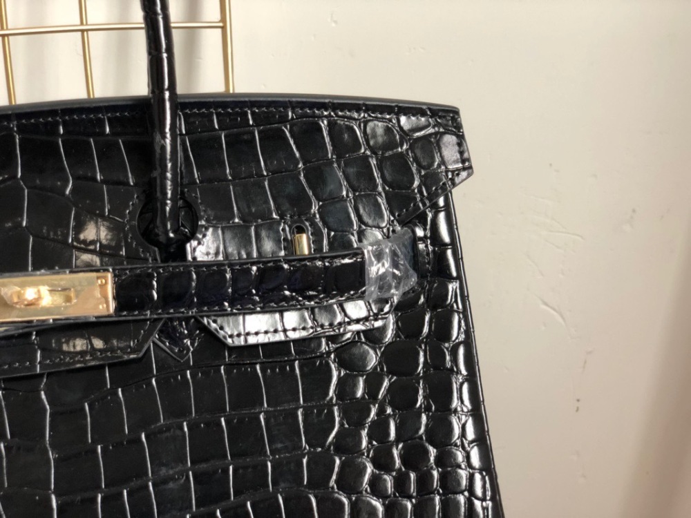 Women's Crocodile Embossed Top Handle Handbag, Black Genuine Top Layer Leather Birkin Style Satchel, Luxury Designer Tote Bag with Gold Hardware for Work & Travel