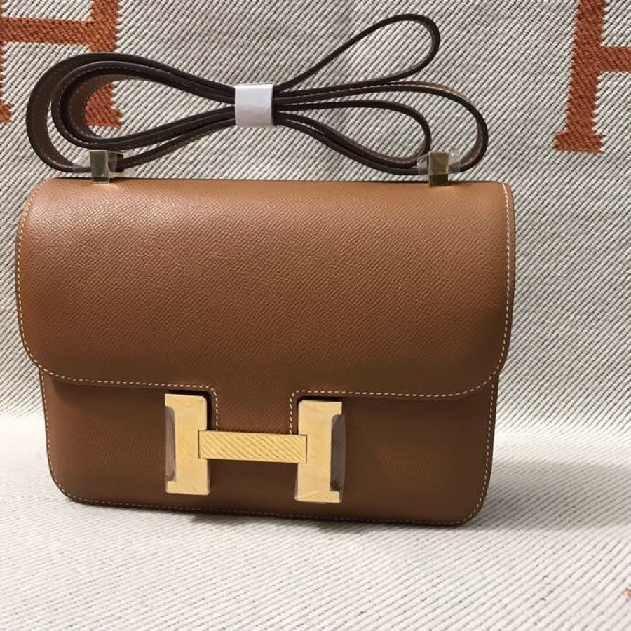 Women's H Logo Epsom Leather Crossbody Bag, Brown Genuine Top Layer Leather Constance Style Shoulder Bag, Luxury Designer Handbag with Gold Hardware for Daily & Formal Use