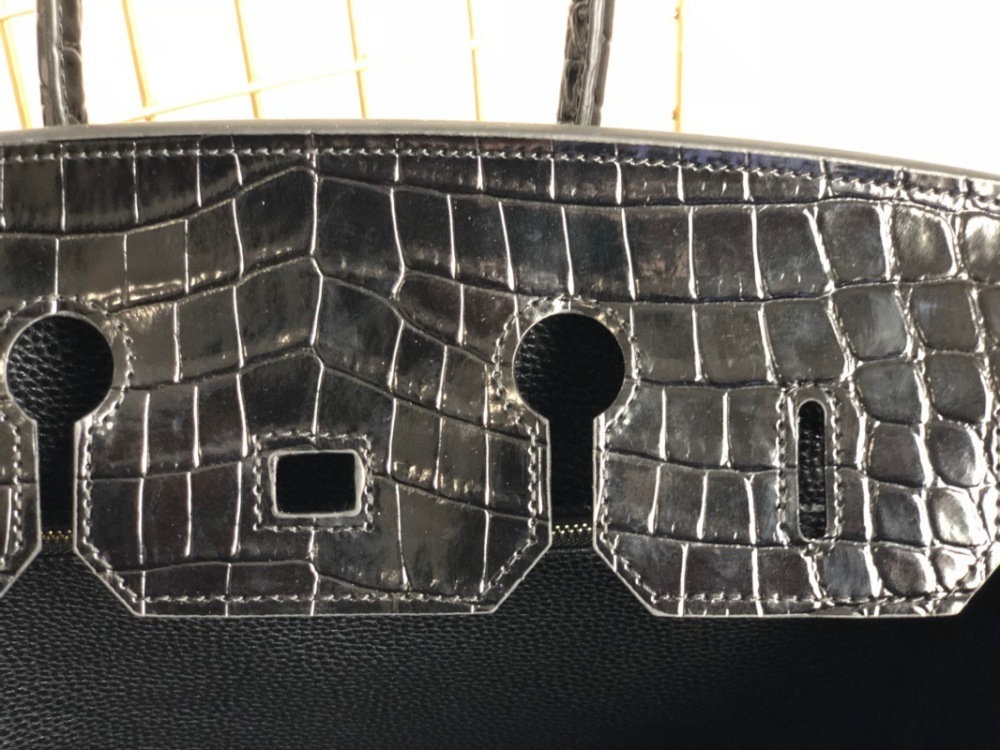 Women's Crocodile Embossed Top Handle Handbag, Black Genuine Top Layer Leather Birkin Style Satchel, Luxury Designer Tote Bag with Gold Hardware for Work & Travel