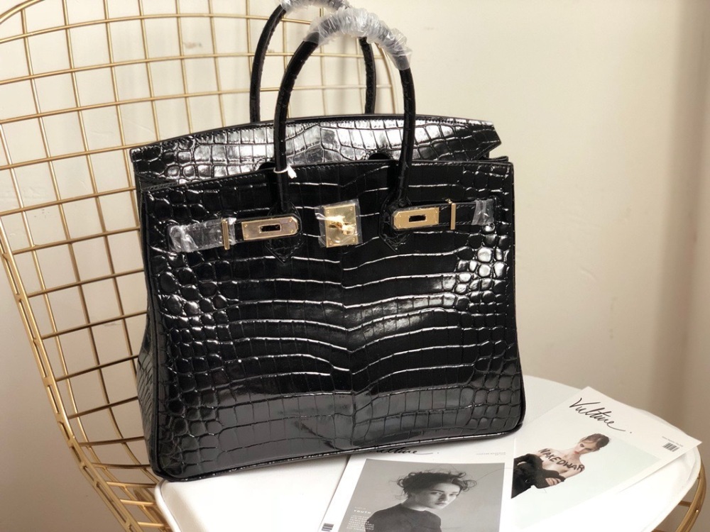 Women's Crocodile Embossed Top Handle Handbag, Black Genuine Top Layer Leather Birkin Style Satchel, Luxury Designer Tote Bag with Gold Hardware for Work & Travel
