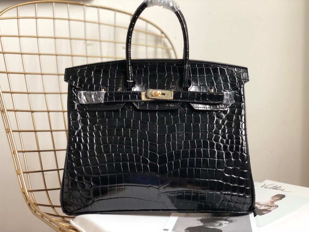 Women's Crocodile Embossed Top Handle Handbag, Black Genuine Top Layer Leather Birkin Style Satchel, Luxury Designer Tote Bag with Gold Hardware for Work & Travel