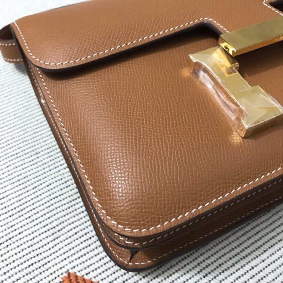 Women's H Logo Epsom Leather Crossbody Bag, Brown Genuine Top Layer Leather Constance Style Shoulder Bag, Luxury Designer Handbag with Gold Hardware for Daily & Formal Use