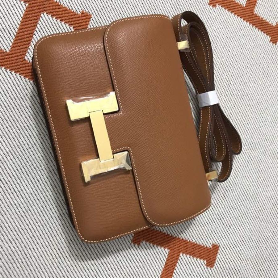 Women's H Logo Epsom Leather Crossbody Bag, Brown Genuine Top Layer Leather Constance Style Shoulder Bag, Luxury Designer Handbag with Gold Hardware for Daily & Formal Use