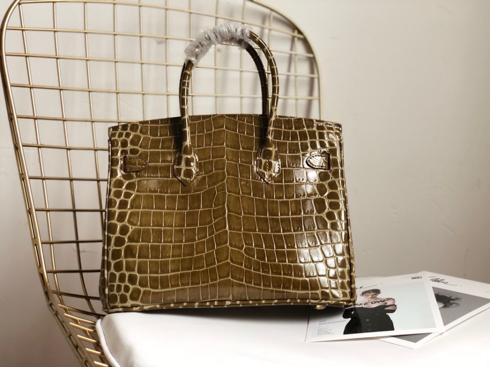 Genuine Top Layer Leather Women's Handbag, Crocodile Embossed Birkin Style Shoulder Bag, Luxury Satchel Tote Bag with Gold Hardware