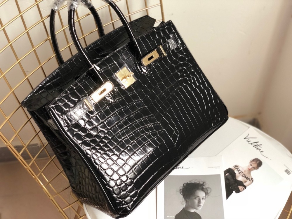 Women's Crocodile Embossed Top Handle Handbag, Black Genuine Top Layer Leather Birkin Style Satchel, Luxury Designer Tote Bag with Gold Hardware for Work & Travel