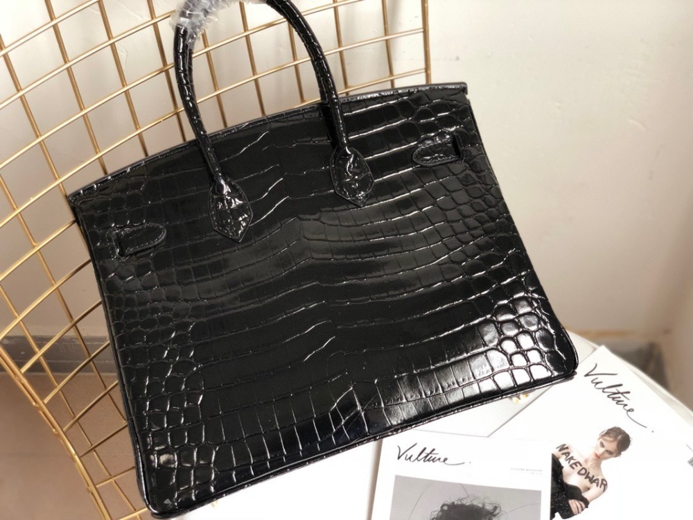 Women's Crocodile Embossed Top Handle Handbag, Black Genuine Top Layer Leather Birkin Style Satchel, Luxury Designer Tote Bag with Gold Hardware for Work & Travel