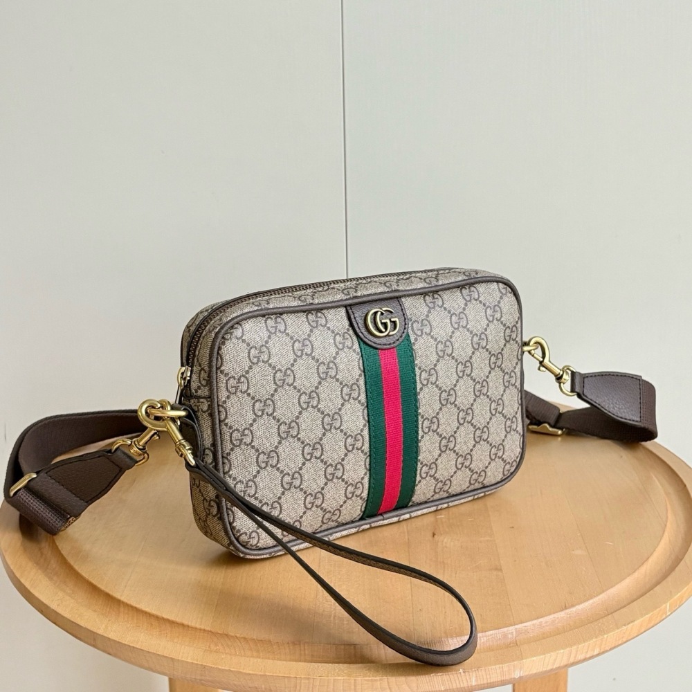 Gucci Ophidia Small GG Supreme Canvas Crossbody Camera Bag, Web Stripe & Double G Logo, Beige/Brown