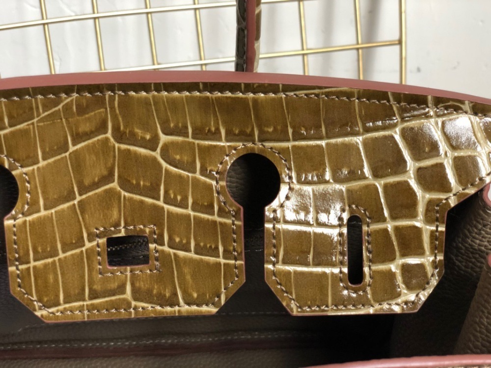 Genuine Top Layer Leather Women's Handbag, Crocodile Embossed Birkin Style Shoulder Bag, Luxury Satchel Tote Bag with Gold Hardware